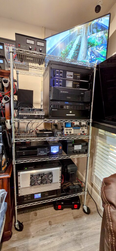 wire rack with computer equipment
